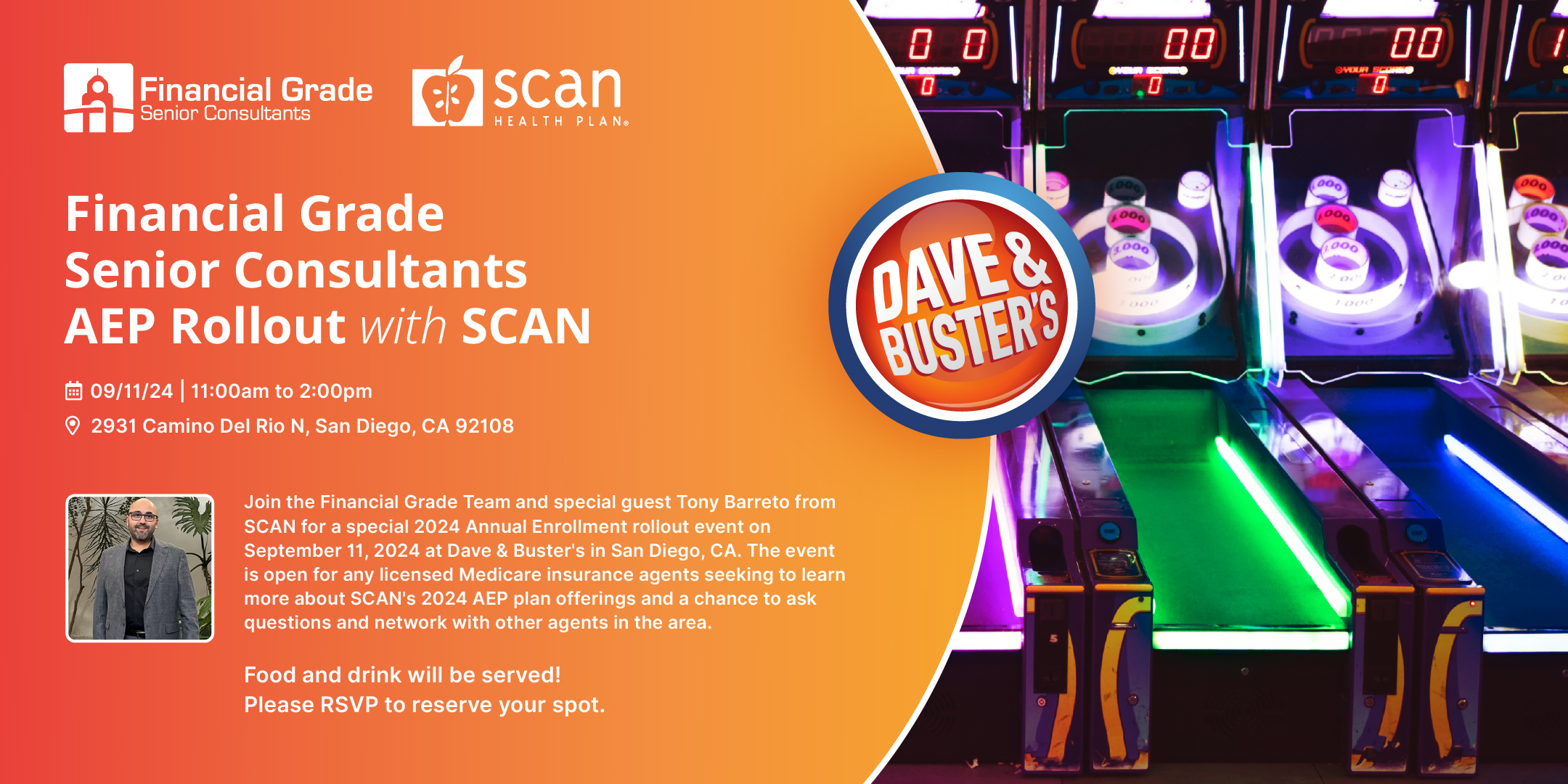 Financial Grade Senior Consultants AEP Rollout with SCAN Health Plan Medicare agent training event at Dave & Buster's, San Diego